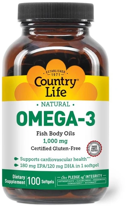 컨트리 라이프 오메가-3 어유 보충제 1000mg 180mg EPA 및 120mg DHA 농축액 버플리스 소프트젤 300개 텐 프리 인증, Lemon, 50 Count (Pack of 1) - 쿠팡