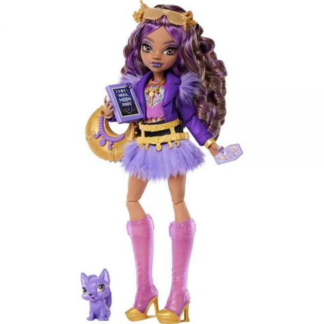 Monster High 인형 Clawdeen Wolf in Purple Moto 재킷과 모피 스커트 애완동물 늑대 강아지 초승달 및 책 크루아상 지갑과 같은 7가지 액세, Monster High 인형, Clawdeen Wolf