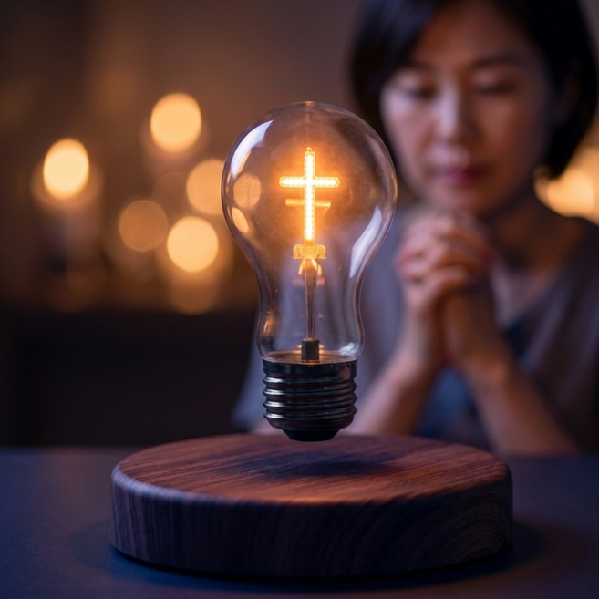 십자가 무드등 LED 공중부양 기도등 교회 선물, 1개, 월넛