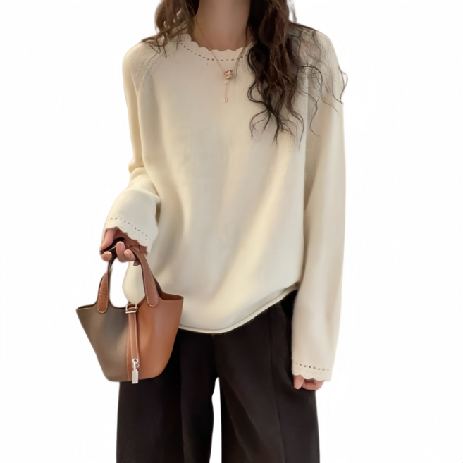 Makone 여성 라운드넥 스캘랩트리밍 라글란소매 솔리드 트랜드 심플 니트 루즈핏 티셔츠