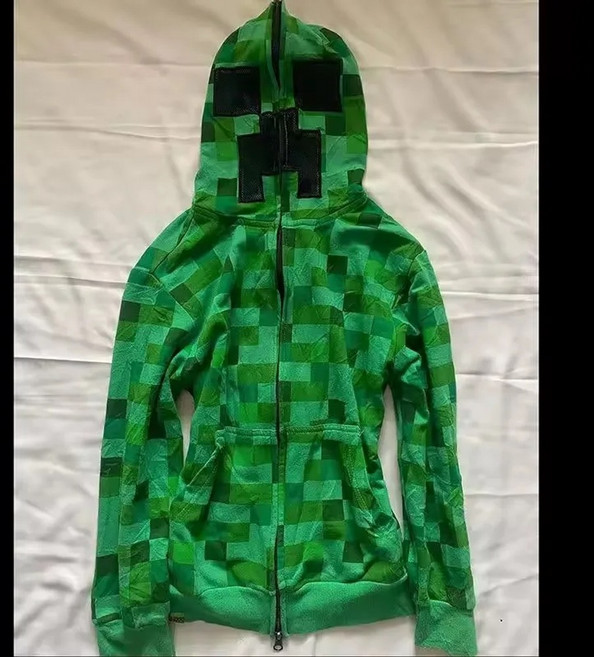 여성 마인크래프트 크리퍼 집업 후드티 픽셀 그래픽 Y2K 오버핏 스트릿패션 힙합 가을겨울 데일리 게임캐릭터 그린 블랙 2색상 프리사이즈