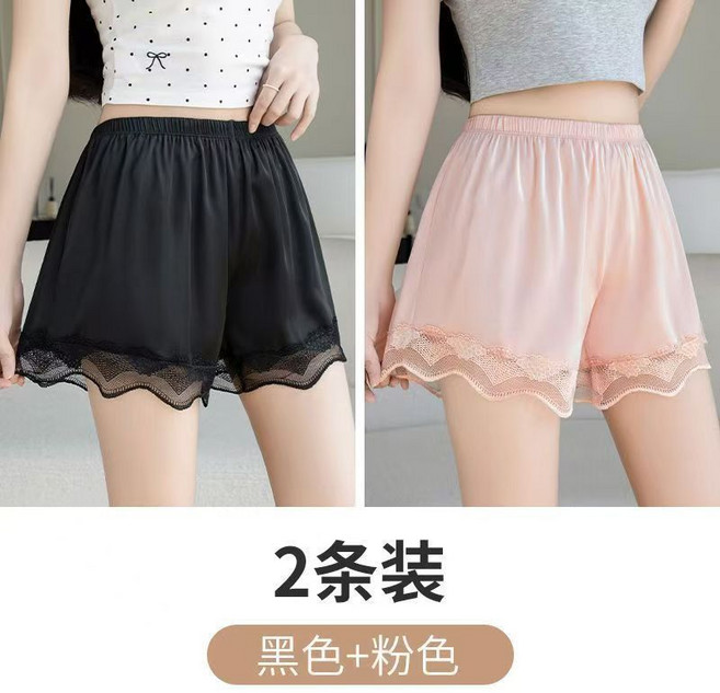 冰絲蕾絲花邊安全褲 短褲 女 夏季薄款防走光居家外穿3條裝, 1個, 黑色+粉色【冰絲蕾絲+透氣防走光】L 適合100-130斤