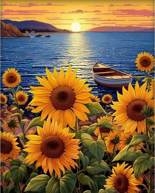 저녁놀 해바라기 조각퍼즐 바다 작은 배 풍경화 황금재물 금전운에 좋은 풍수 컬렉션 그림퍼즐 집콕취미 어르신 효도선물, 저녁놀 해바라기 바다 풍경 퍼즐6번, 1개