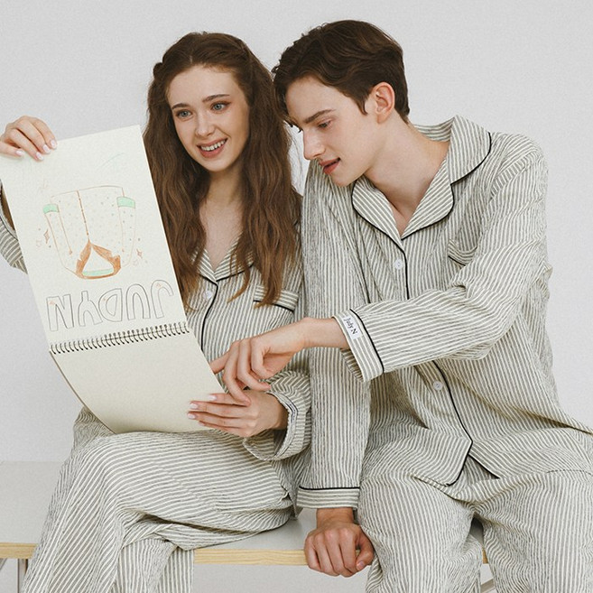 주디앤 위스퍼 스트라이프 커플잠옷 여성 남성 긴팔 파자마 세트 홈웨어