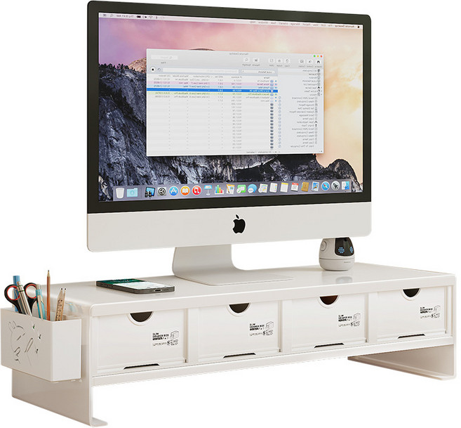 탑이지몰 서랍형 모니터 받침대 책상정리 듀얼 모니터 받침 선반 4칸서랍, 화이트