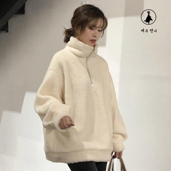 여성 뽀글이 양털 반집업 맨투맨 여자 겨울 루즈핏 하이넥 후리스 맨투맨 티셔츠