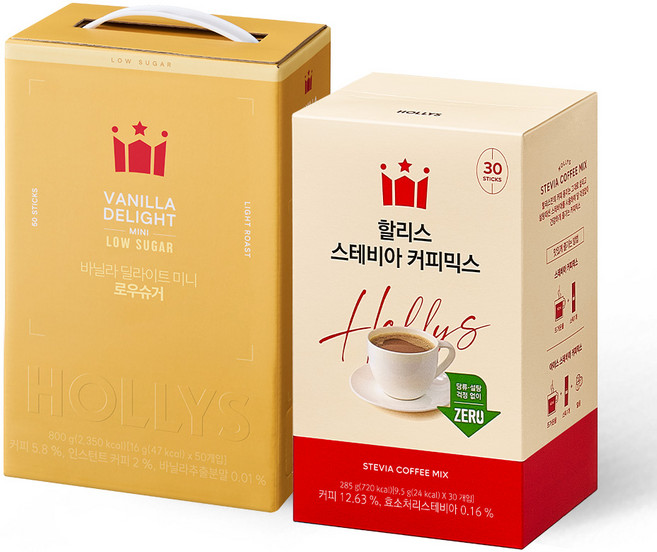 [할리스] 바닐라딜라이트 미니 로우슈거 50T+스테비아 커피믹스 30T, 16g, 1, 50