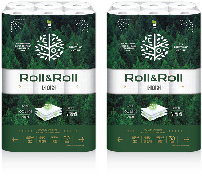 롤앤롤 네이처 화장지 3겹 27m 30롤 2팩 총 60롤, 2개