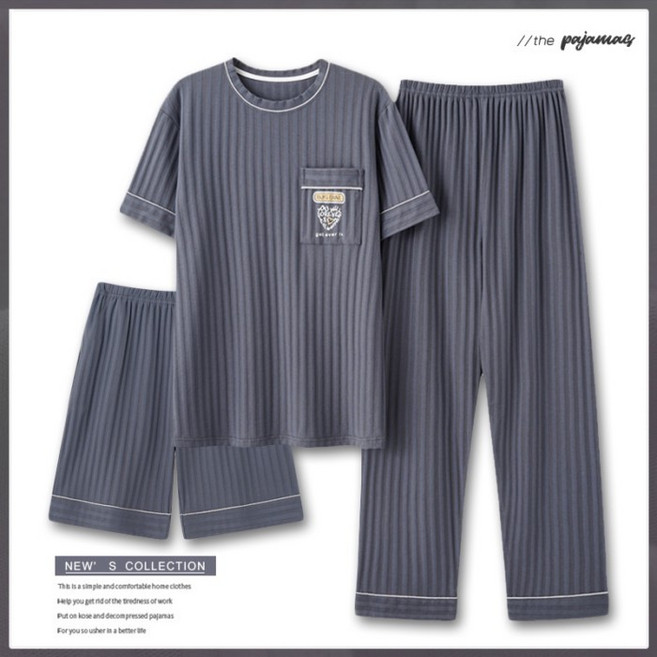 男款三件式睡衣 春夏季棉質圓領短袖長褲居家服套裝