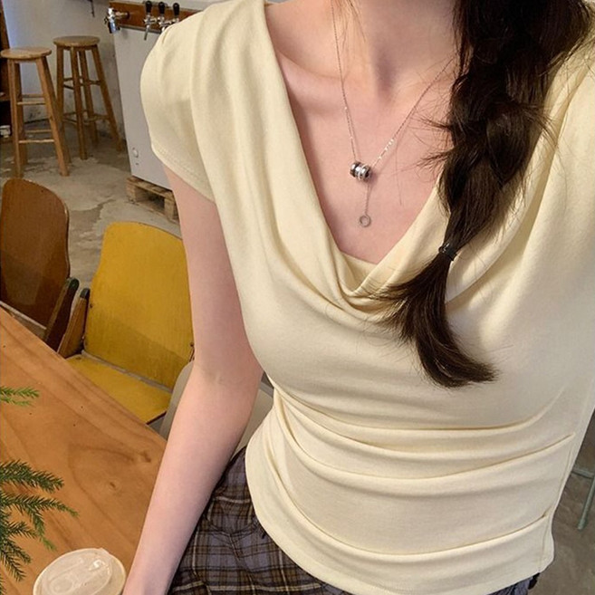 러우 여성 오프숄더 반팔티 슬림핏 크롭티 드레이프넥 셔링 여름 티셔츠