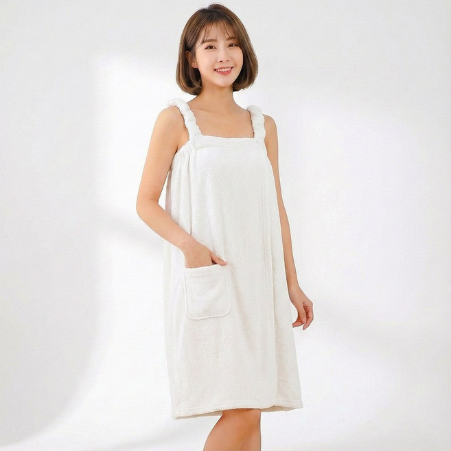 피플피 포근한 여성 어깨끈 랩 샤워가운 목욕가운, 화이트, 1개