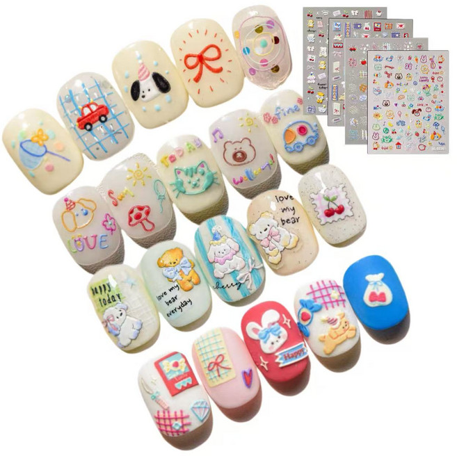 별라 힙한 엠보 입체 네일 스티커 귀여운 강아지 고양이 동물 리본 하트 4종 세트, 4개, 혼합