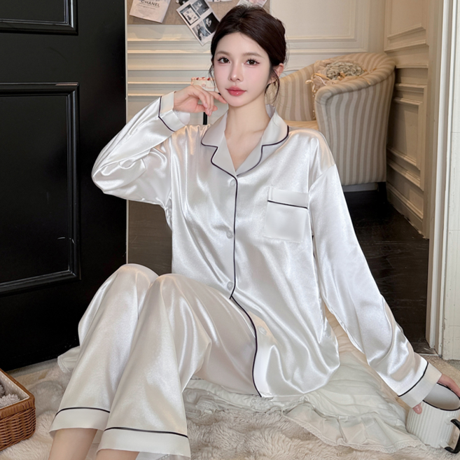 NUNUHANA 여성 긴팔 잠옷 실크 홈웨어 상하의 세트