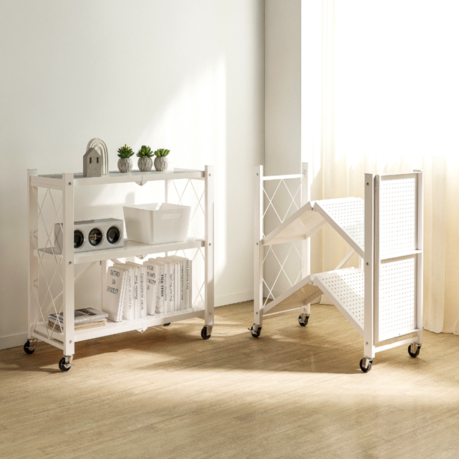 솔리드랙 원터치 접이식 철제 선반 다용도 이동식 폴딩 바퀴선반, 3단, 화이트