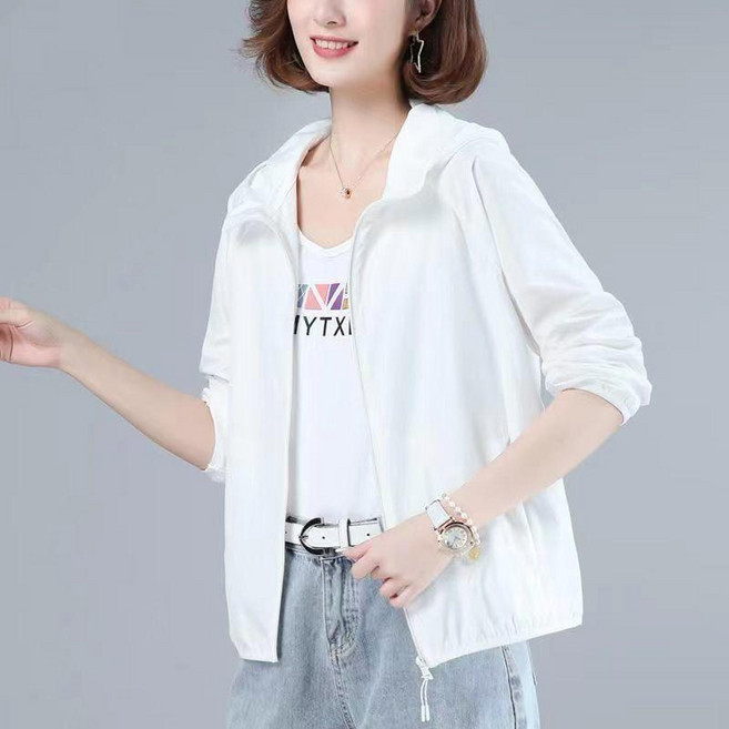 防曬衣女 夏季薄款 外穿休閒透氣短外套, 白色 優質面料,M 建議40.0-47.5公斤