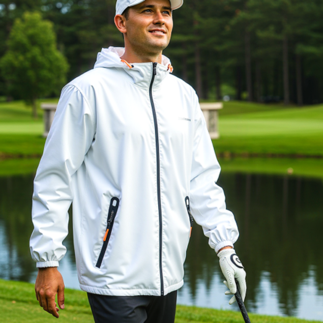 채로스 프리미엄 남성용 바람막이 골프 비옷 세트 방수 야외활동, 화이트, 1개