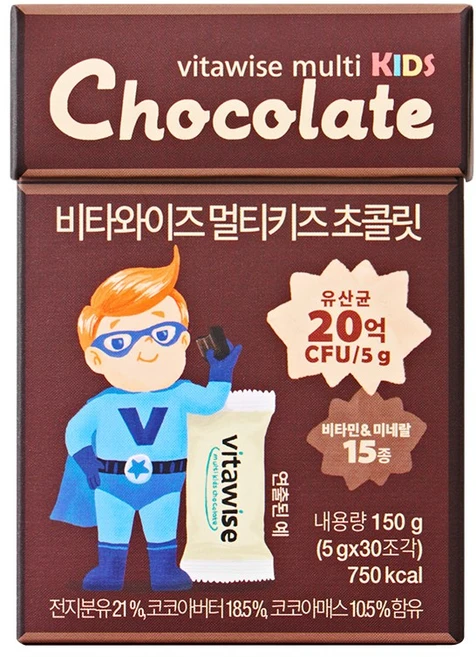 프리미엄 유산균이 함유된 비타와이즈 멀티키즈 비타민 생유산균 초콜릿 어린이 영양제 (소비기한 26.05.28까지), 1박스, 150g - 쿠팡