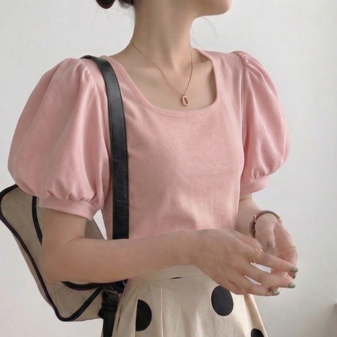 [엔젤D] 여성 프린세스 코튼 유넥 퍼프 소매 반팔 티셔츠