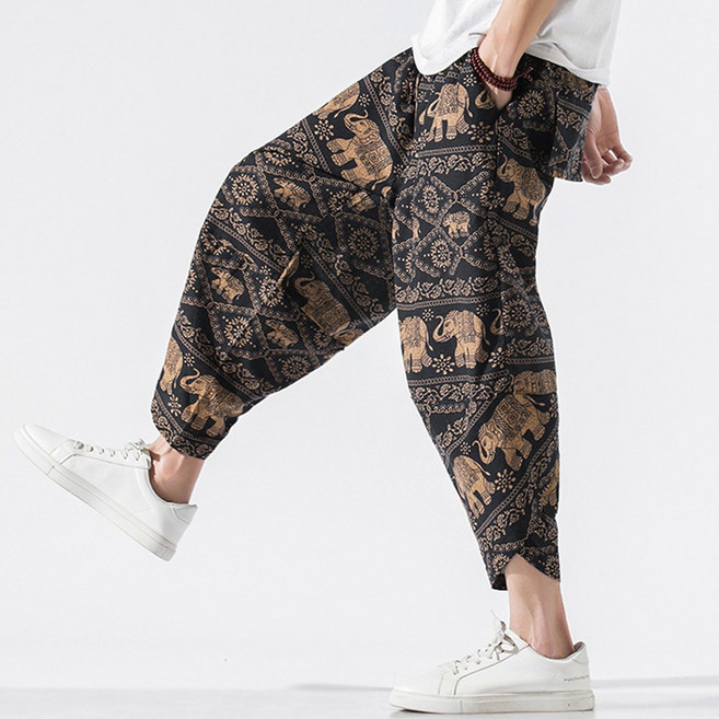 푸자오 8부 린넨 배기팬츠 남자 여름 바지 와이드팬츠 빅사이즈 쿨 밴딩팬츠