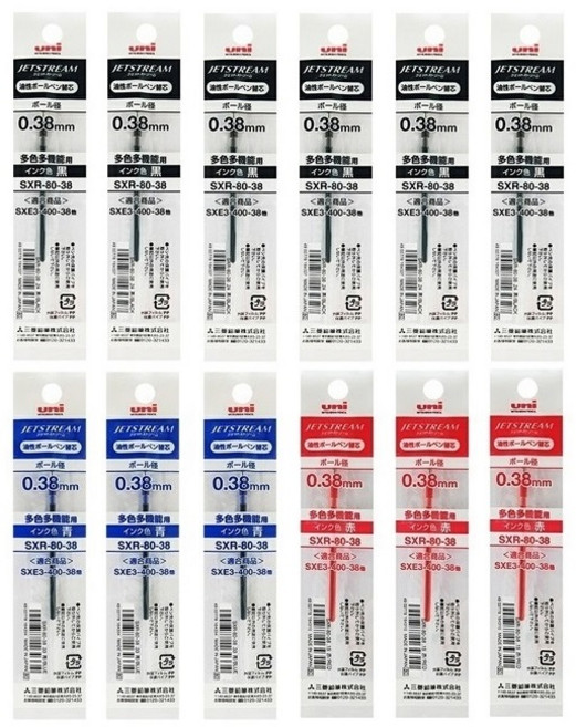 깡쓰 유니 제트스트림 3색 4색 볼펜 리필 SXR-80 혼합 12개 세트, 1세트, 0.38mm 블랙6개 + 블루 3개 + 레드 3개