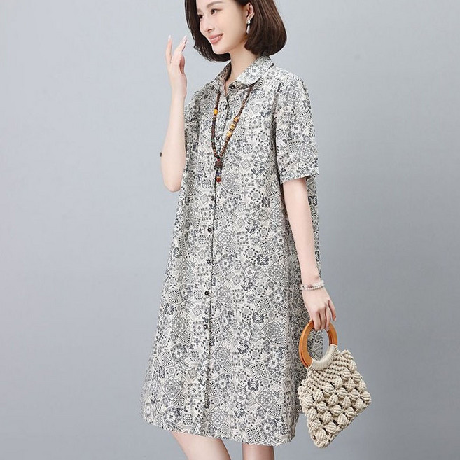 다중성 여성 플라워 반팔 셔츠 칼라 미디 카디건 원피스