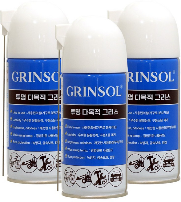 세트 3개 그린솔 윤활그리스 360ml 다목적 뿌리는 구리스 내열 윤활 방청 투명스프레이