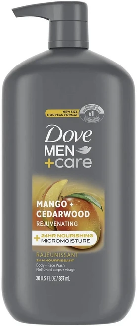 도브 멘+케어 망고 + 시더우드 리쥬브네이팅 바디 + 페이스 워시, 1개, 887ml - 쿠팡