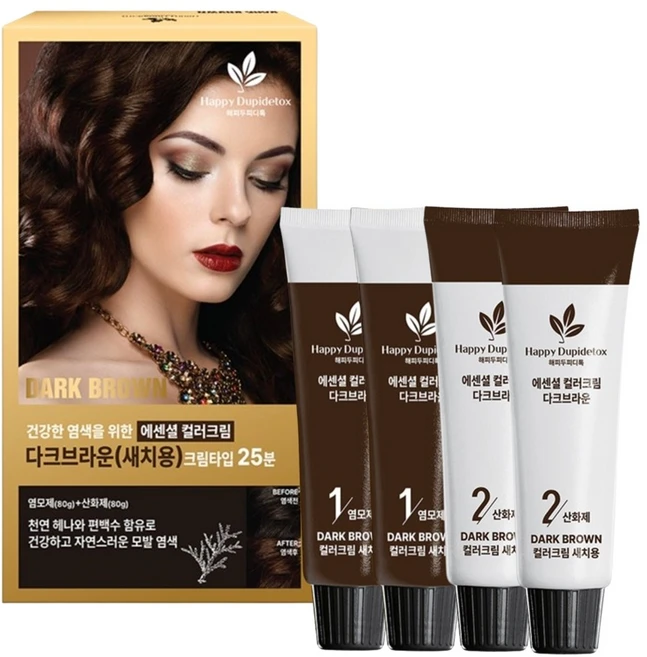 편백 에센셜 컬러크림 새치머리 염색약 두피 디톡 천연 헤나 염색크림, 2개, 다크브라운 - 쿠팡