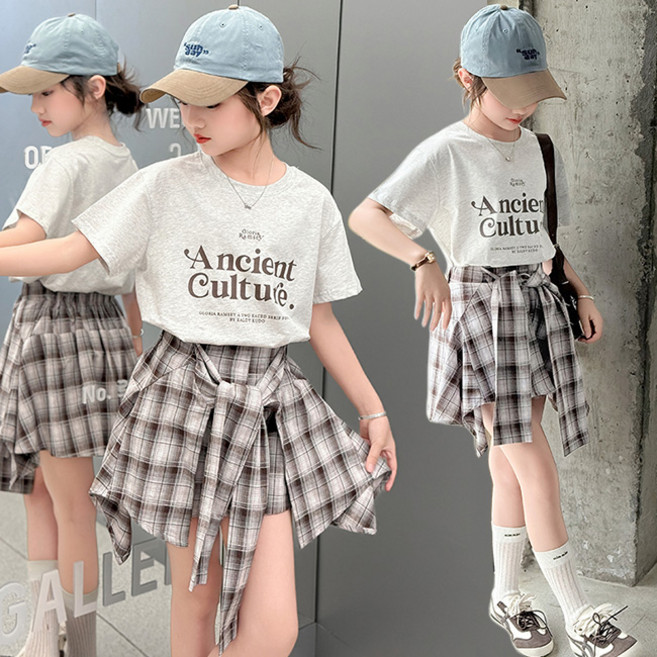 비비키드 초등생 상의 초중생 하의 주니어 Ancient Culture 반팔티 리본 체크 치마바지 세트 여아 여름 초등생 상의+하의 세트 (2567)