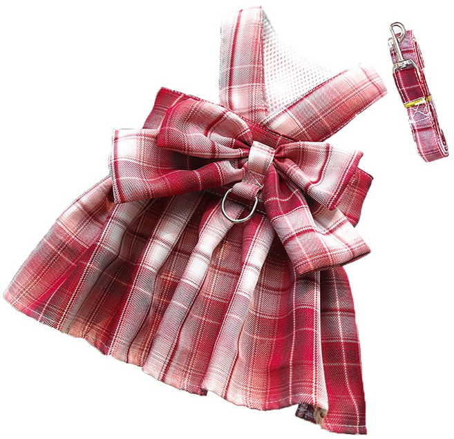 강아지하네스 러블리 하네스 리드줄 세트 체크 원피스 강아지 중형견 고양이 하네스 통기성 가슴줄, 1개, 빨간색