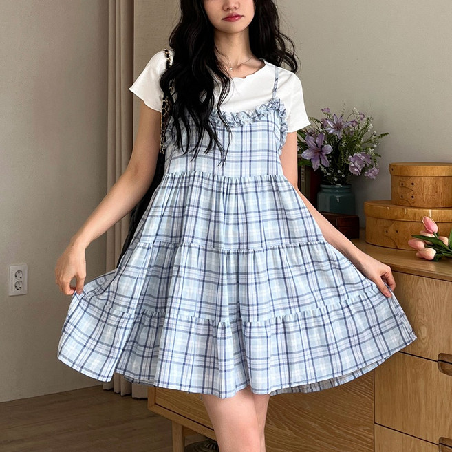 [디아미뇽] 에블린 프릴 체크 끈 나시 뷔스티에 원피스 물결 반팔티 세트