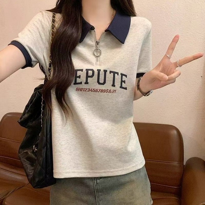 패션고리 여성 반집업 카라넥 캐주얼 알파벳 루즈핏 티셔츠 H1142