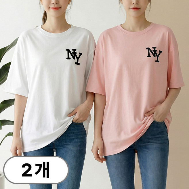 [1+1] 스타일아유 여성 여름 오버핏 반팔 티셔츠 빅사이즈 NY 여자 루즈핏 롱 박스 티셔츠