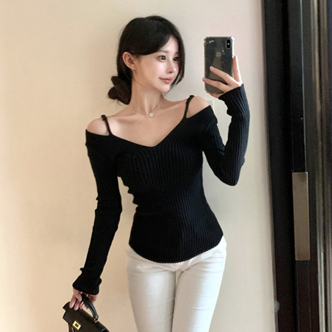 라라홀리 섹시 퀸 브이넥 오프솔더 스트랩 골지 슬림 긴팔티