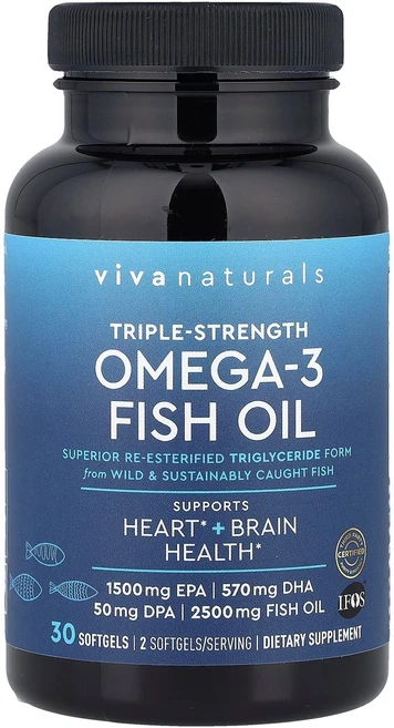 Viva Naturals 오메가3 피쉬 오일 3배 강도 2 500mg 소프트젤 30정(소프트젤당 1 250mg) Naturals (비바 내추럴), 30 개, 1개, 30정 - 쿠팡
