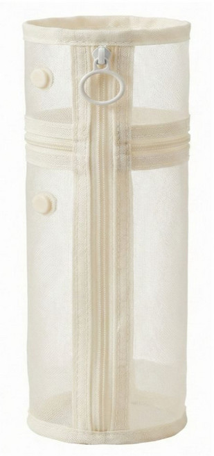 오피스템 대용량 메쉬 원통 스탠딩 필통 지퍼형 펜 파우치, 1개, 아이보리
