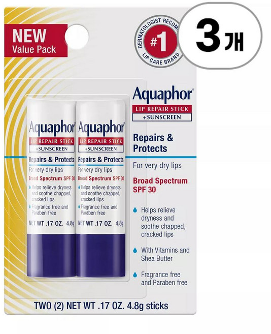 아쿠아포 립 리페어 스틱 SPF30 Aquaphor Lip Balm Repair Stick for Chapped Lips SPF 30 964g, 3개