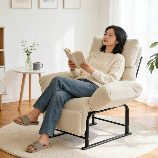 누워서 휴식 가능한 리클라이너 소파 발받침 포함 1인용 안락의자 낮잠 컴퓨터 의자, 화이트