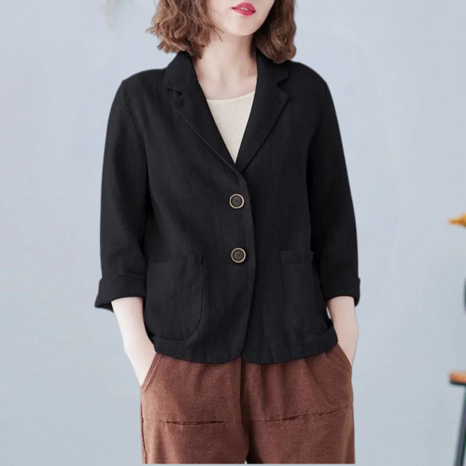 Makone 여성 면마 자켓 루즈핏 캐주얼 긴팔 블레이저 정장 양복 상의
