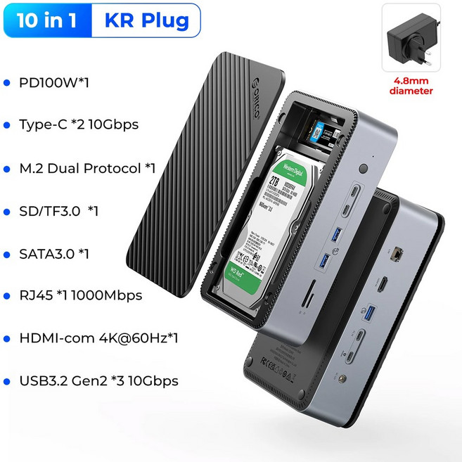 듀얼 M.2 NVME SSD 케이스가 포함된 ORICO 도킹 스테이션 데크 3.5 하드 드라이브 인클로저 스팀 도크 10 in 1 HDMI 4K60Hz PD100W 이더넷, [01] KR Plug