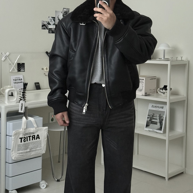 르위 하이넥 밍크털 레더 무스탕 가죽점퍼 오버핏 빅사이즈