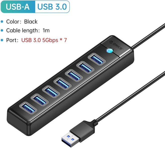 ORICO USB 3.0 허브 7 포트 분배기 고속 전송 유형 C 노트북 확장 컴퓨터 액세서리, 05 USB A 7 Port 100CM, 03 USB A 7 Port 100CM