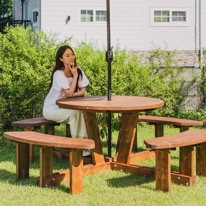 엉클트리 100% 통원목 원형 야외 테이블 (강력 볼트체결 구조), 원형 일체형 월넛색[2회도색]