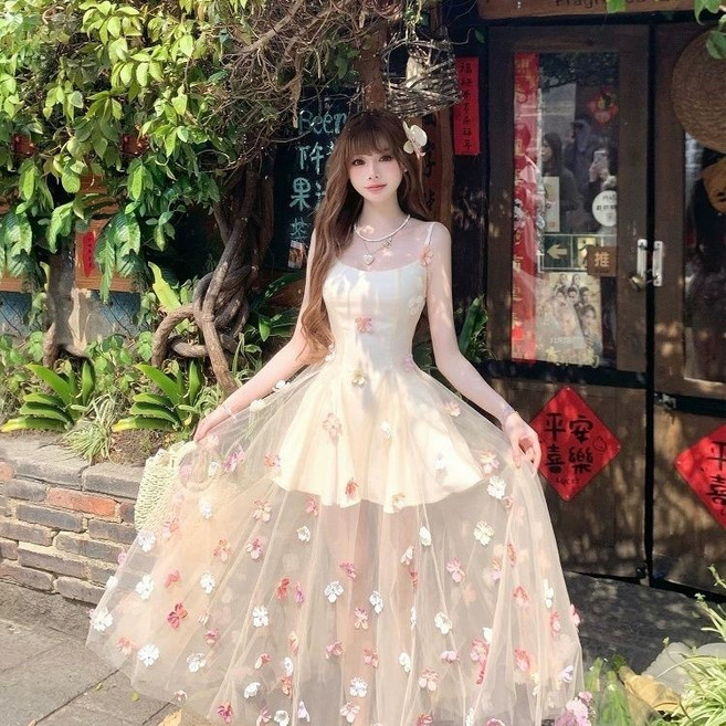 法式浪漫花朵網紗吊帶長裙 夏季新款高級氣質無袖禮服, 圖片色,XL, 圖片色