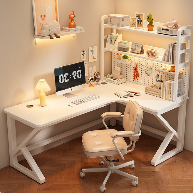 엣지모어 코너책상 ㄱ자 책상 다용도 사무용 L자 데스크 철제 컴퓨터 선반 타공판 서재 책장 공부책상, [오른쪽 코너형+책장] 화이트 80x120cm