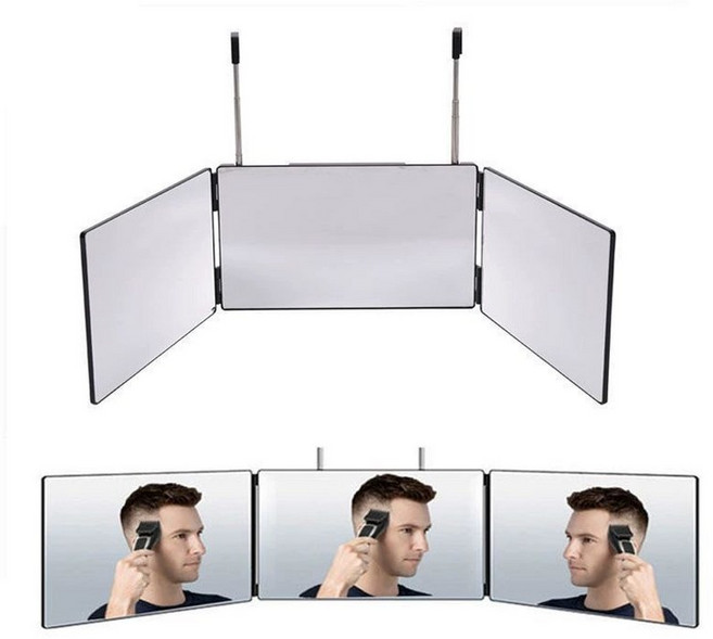 삼면경 3단 거울 접이식 3면 셀프이발 미용거울., 블랙 텔레스코픽 3면 거울