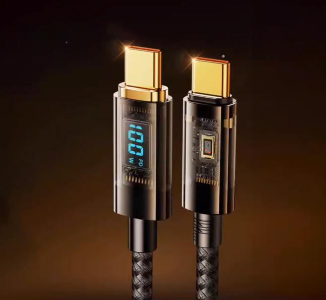[폰앤스트랩] LED 디스플레이 100w C to C 고속충전 케이블 1.2m (A타입 젠더포함), 골드블랙, 30개