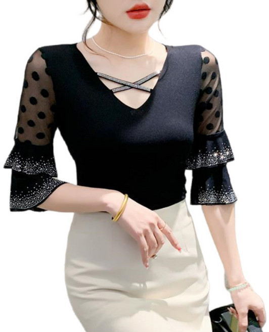 rigiu 여성 여름 브이넥 프릴 망사 7부소매 방송댄스복 시스루 슬림핏 공연 연습복 상의 395102호 8Z3W7K