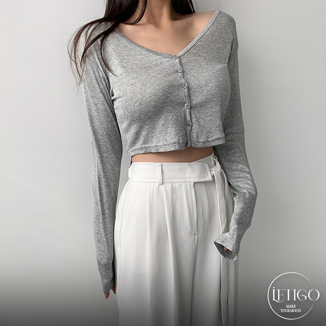 레티고 여리글램 슬림핏 브이넥 버튼 크롭 가디건 티