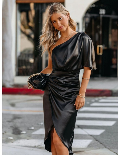 섹시한 파티 실크 로브 새틴 드레스 여성 반팔 원 숄더 하이 스플릿 셔링 이브닝